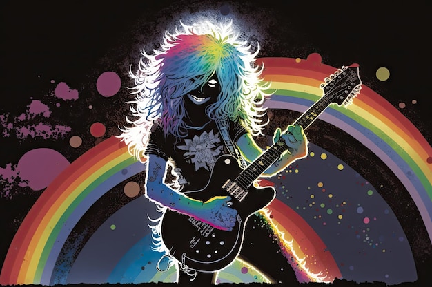 Rainbow glam metalowa gwiazda rocka autorstwa Ashley Wood stylizowana na fajne kolorowe Generative AI AIG15
