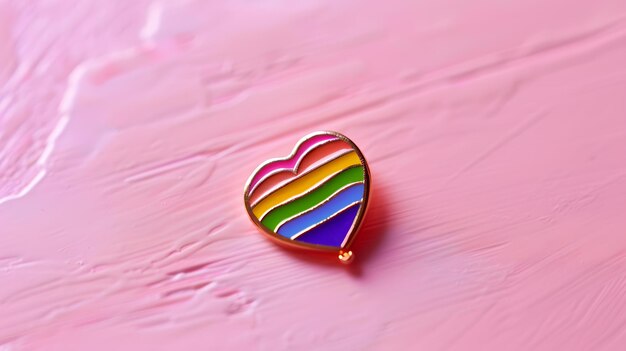 Zdjęcie rainbow heart pin na różowym tle koncepcja dnia walentynek