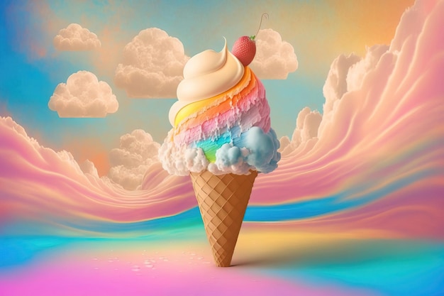 Rainbow Ice Cream Cone Na Miękkim Tle Fantasy Generative Ai