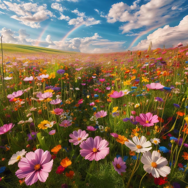 Rainbow Over Blossoming Meadow AI generowany