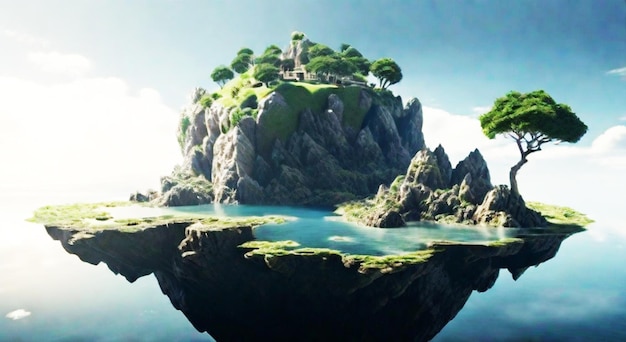 raj surrealistyczny krajobraz pływający naturalne samotne drzewo na skale
