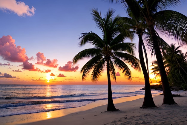 Rajska plaża o zachodzie słońca, tropikalne palmy