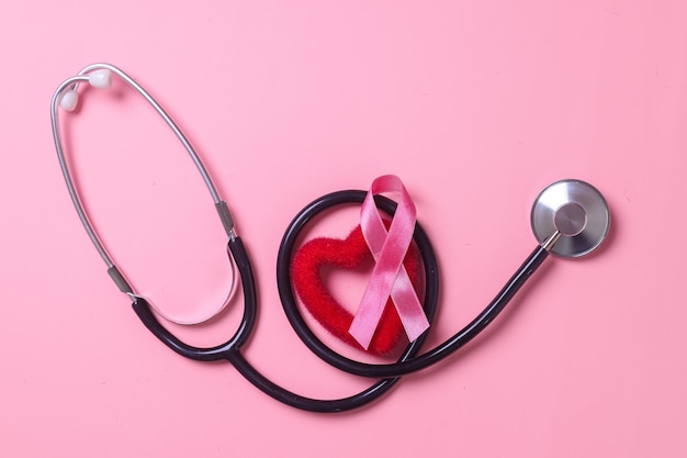 Rak piersi z różową wstążką, kształt serca i stetoskop na różowym tle. Świadomość raka piersi.