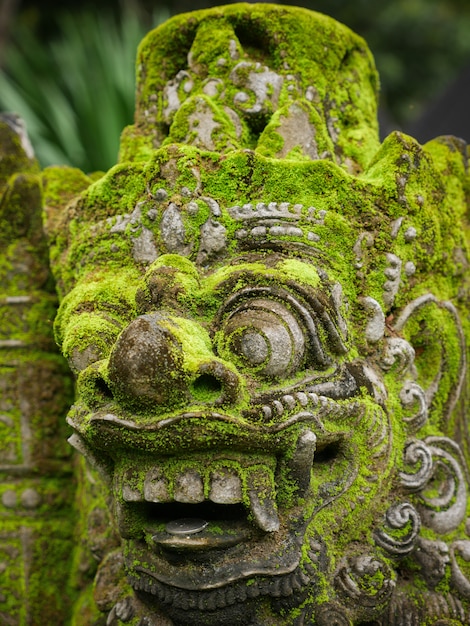 Zdjęcie rakasa balinese stone rzeźba pokryta mchem.