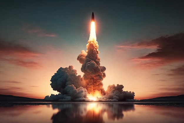 Zdjęcie rakieta balistyczna start rakiety ai wystrzelenie rakiety w dymie ognia