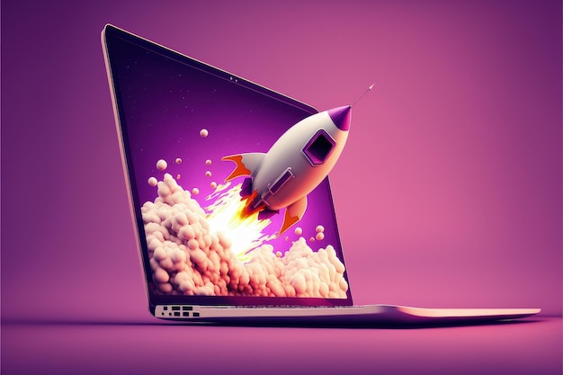 Rakieta latająca z ekranu notebooka na fioletowym tle koncepcja startowa AI