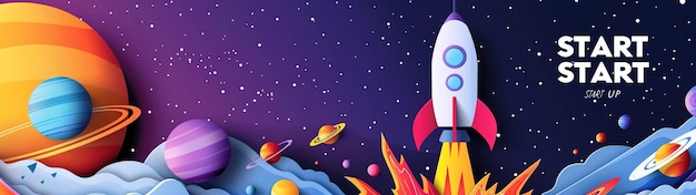 Rakieta podróżująca przez planety rozpoczyna projekt koncepcyjny szablon papierowy ilustracja baner i papier 3d