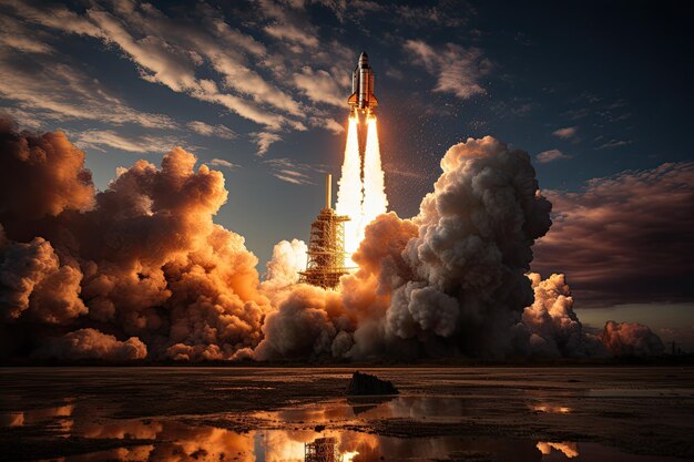 Zdjęcie rakieta startuje w kosmos podróż do marsa nowa rakieta kosmiczna zjeżdża z wahadłowca kosmicznego z dymem i wybuchem startuje w przestrzeń koncepcja generatywna ai