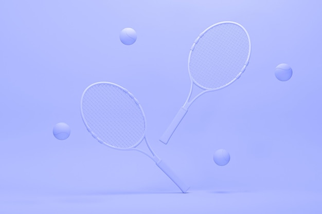 Rakieta tenisowa z piłkami na pastelowym fioletowym i koralowym tle Modny render 3d dla fitness
