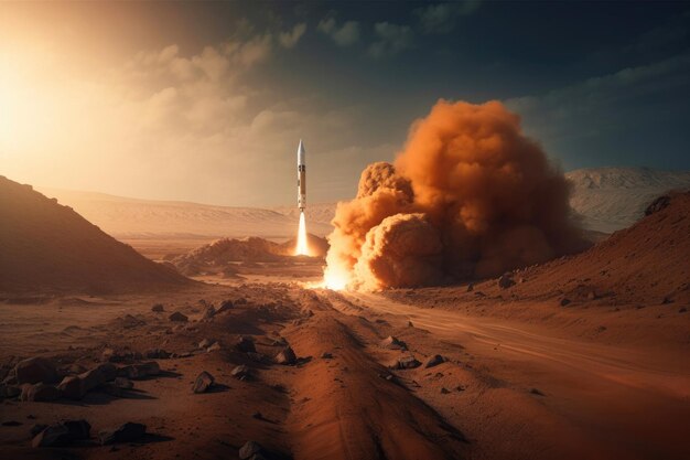 Rakieta z wybuchem i dymem startuje na czerwoną planetę Mars Generatywna sztuczna inteligencja