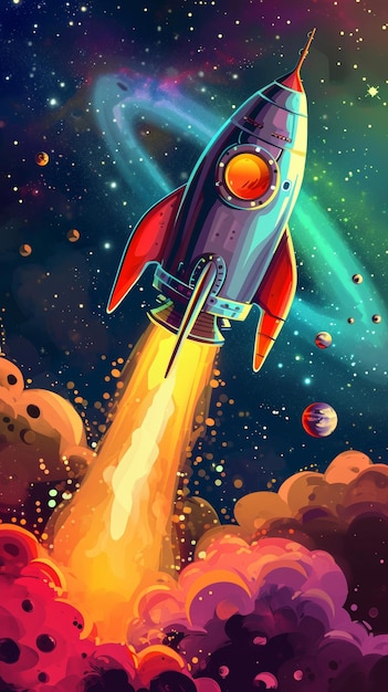 Rakietka z kreskówek latająca przez kosmos