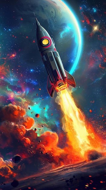 Zdjęcie rakietka z kreskówek latająca przez kosmos