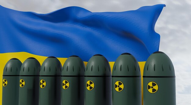 Rakiety jądrowe i flaga Ukrainy w tle Rakiety z głowicami są gotowe do wystrzelenia