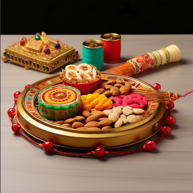 Raksha bandhan Festiwal pozdrowienia koncepcyjne Rakhi wykonane przy użyciu talerza pełnego suchych owoców, takich jak cashew pistachio migdał z fantazyjnym paskiem i pooja Thali