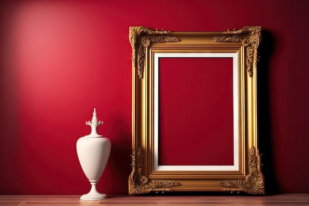 Rama galerii targów sztuki antycznej na królewskiej czerwonej ścianie w domu aukcyjnym lub pustej wystawie muzealnej