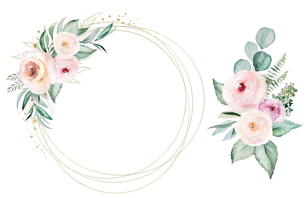 Zdjęcie rama i bukiet wykonane z różowych kwiatów akwareli i zielonych liści ilustracja ślubu i pozdrowienia