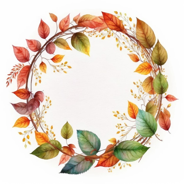 Rama koło z jesiennymi liśćmi akwarela namalowana na białym tle Motyw vintage minimal art design w geometrycznej Finest generatywnej AI