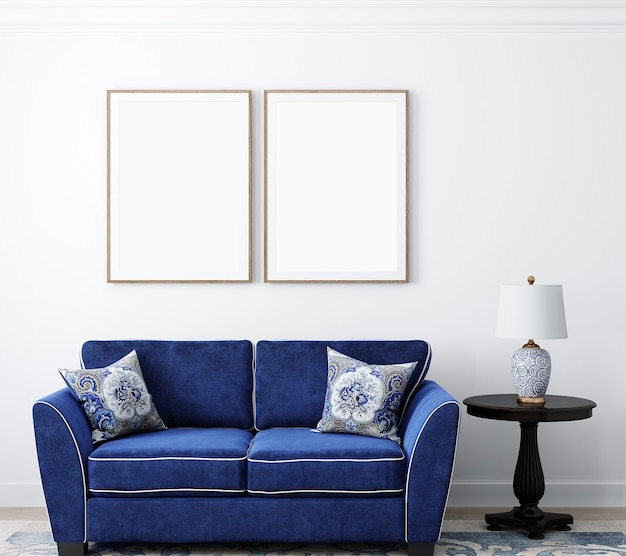 Rama makieta salonu i niebieska sofa