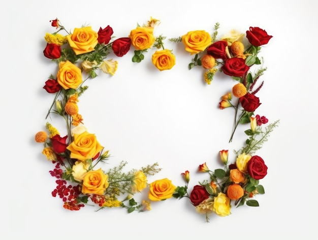 Rama małych czerwonych i żółtych róż na białym tle do projektowania kart okolicznościowych
