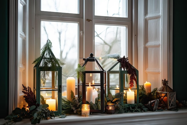 Rama okienna ozdobiona lampionami i zielenią wprowadzającą do pokoju świątecznego ducha