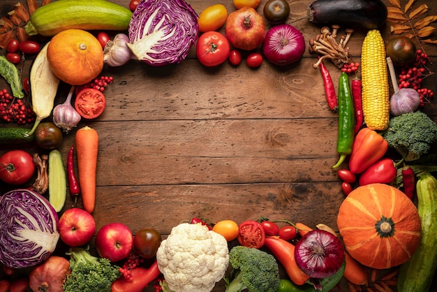 Rama świeżych owoców i warzyw na drewnianym tle Jesienne zbiory i wegańskie przepisy na zdrowe jedzenie