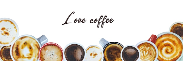 Zdjęcie rama w kolorze wodnym z filiżankami rogalików kawowych latte capuccino espresso i jesiennych liści