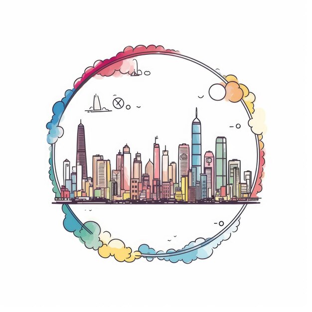 Rama w kształcie koła z centralną przestrzenią panoramy Hongkongu w prostym stylu kreskówek w kolorze doodle, piękna Generative AI AIG32