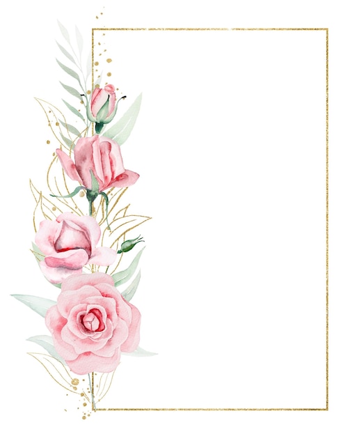 Rama wykonana z różowych akwarelowych kwiatów i zielonych liści ślubnych i okolicznościowych ilustracji
