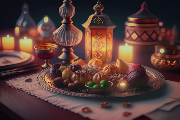 Ramadan iftar oznacza koniec postu Tabela z datami Orientalne potrawy i słodycze Eid mubarak Tradycyjna kolacja kuchni Bliskiego Wschodu Generacyjna sztuczna inteligencja