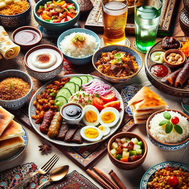 Zdjęcie ramadan iftar z datami i islamskim arabskim jedzeniem