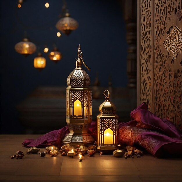 Ramadan Kareem Eid Mubarak królewska elegancka lampa z meczetem święta brama z fajerwerkami