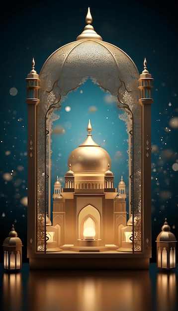 Ramadan Kareem Eid Mubarak królewska elegancka lampa z meczetem święta brama z fajerwerkami