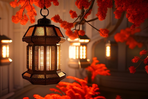 Ramadan Kareem Eid Mubarak Świecące tło latarni dla z banerem kopiowania Generative AI