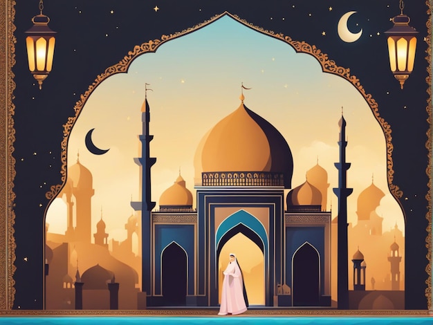 Ramadan Kareem Eid Mubarak Vector urocza ilustracja muzułmańskiego miasta z meczetem i półksiężycem