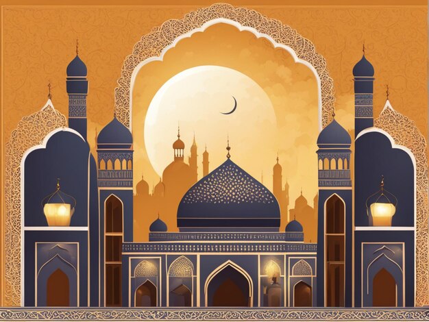 Ramadan Kareem Eid Mubarak Vector urocza ilustracja muzułmańskiego miasta z meczetem i półksiężycem