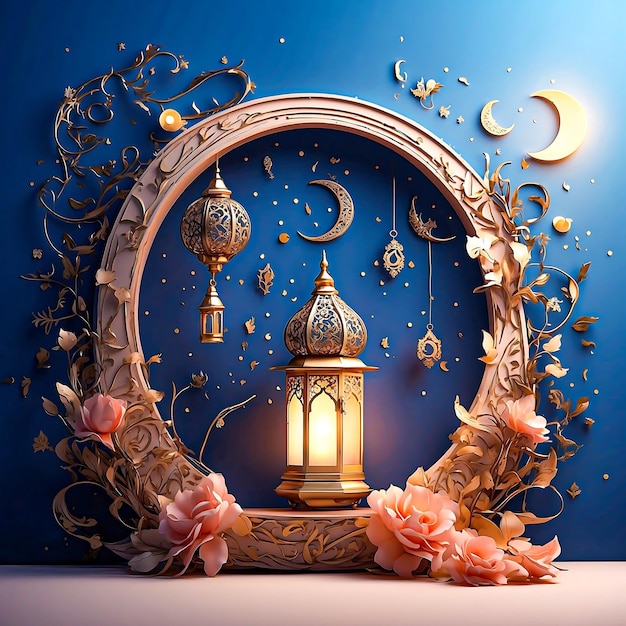 Ramadan Kareem Greeting Design z półksiężycem i latarnią