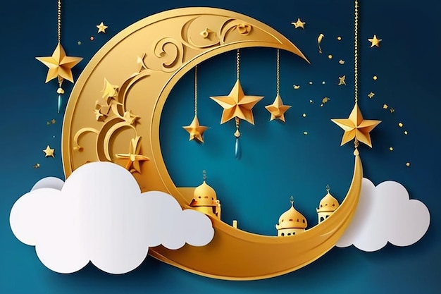 Ramadan Kareem Horizontal Sale Header or Voucher Template with Gold Moon 3d Paper cut Chmury i gwiazdy na nocnym niebie Niebieski tło