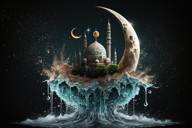 Ramadan Kareem i Eid Mubarak księżyc i meczet jako sztuka plusku wody Arabskie święto ilsamic Abstrakcyjna ilustracja generatywna ai