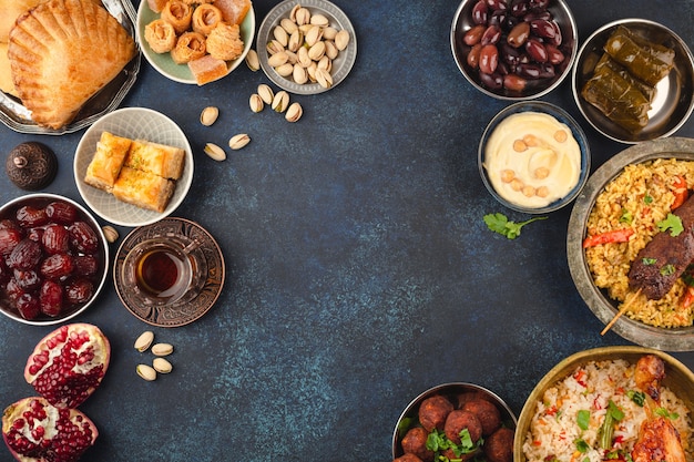 Ramadan kareem Iftar stół imprezowy z różnymi świątecznymi tradycyjnymi arabskimi potrawami, słodyczami, daktylami. Eid al-Fitr mubarak wieczorem wielki posiłek, widok z góry. Islamskie święta jedzenie, uczta ramadanowa, miejsce na tekst