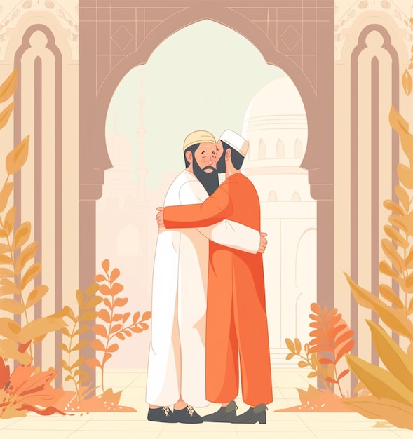 Ramadan Kareem ilustrator a ludzie uściskają Eid Mubarak