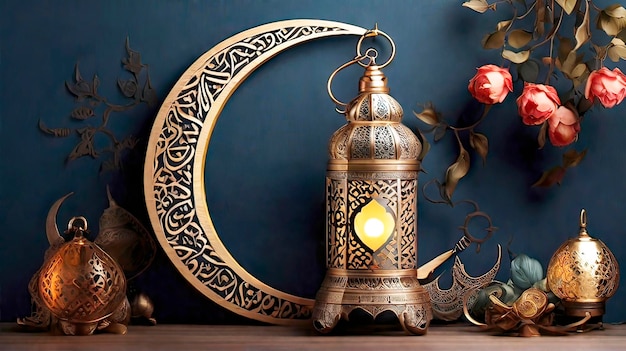 Zdjęcie ramadan kareem islamska kartka powitawkowa ramadan kareem 3d tło ramadan kareem baner z kopią