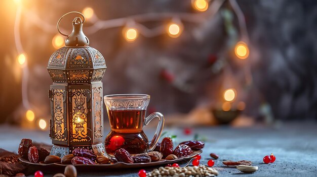 Ramadan Kareem islamska kartka z latarnią suszone daty orzechy filiżanka herbaty