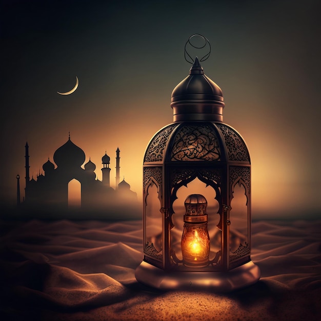 Ramadan kareem islamska latarnia meczetu, powitanie eid mubarak z generatywną technologią ai