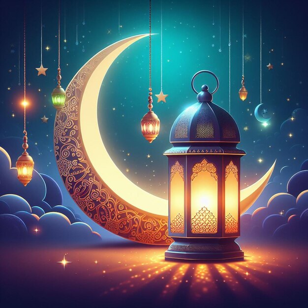 Ramadan kareem islamski księżyc i meczet kolorowy tło karty