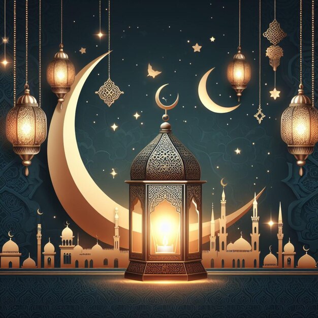 Ramadan kareem islamski księżyc i meczet kolorowy tło karty