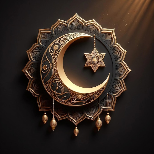 Ramadan Kareem Islamski półksiężyc z czarnego złota dekoracja tła renderowania 3D Ai generatywny