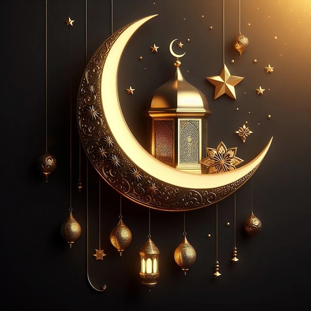 Ramadan Kareem Islamski półksiężyc z czarnego złota dekoracja tła renderowania 3D Ai generatywny