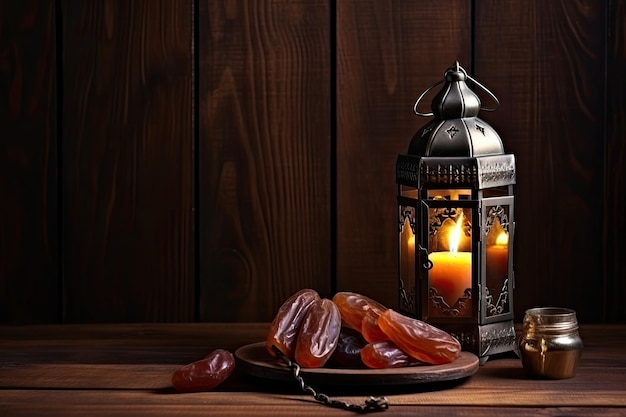 Ramadan Kareem kartka powitalna Ramadan Kareem latarnia z datelami i lampą kerozynową na drewnianym tle Ramadan Kareem karta powitalna z datelkami owoce i latarnia na drewnianym tle AI generowane