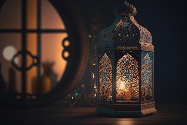 Ramadan Kareem kartkę z życzeniami ozdobnej arabskiej latarni z płonącą świecą
