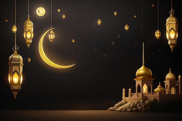 Ramadan kareem koncepcja z błyszczącym złotym półksiężycem i oświetlonymi latarniami wiszą na czarnym sylwetce meczetu tła